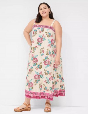 Maxi Φόρεμα γυναικεια Lane Bryant Smocked Square-Neck ασπρα Πολύχρωμο | NSI2439ET