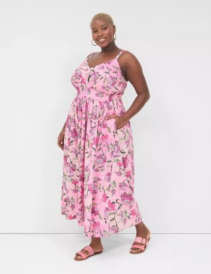 Maxi Φόρεμα γυναικεια Lane Bryant V-Neck Ruched-Waist ροζ | LKT10014CE