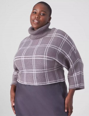 Πουλόβερ γυναικεια Lane Bryant Classic 3/4-Sleeve Mock-Neck Jacquard Crop γκρι | OVD5464CO