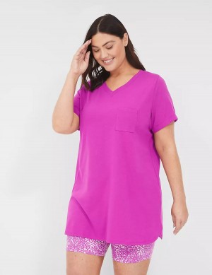 Πιζάμες γυναικεια Lane Bryant Comfy Cotton Pocket Tee & Bike Short PJ Set μωβ μπορντο | WAI3174GI