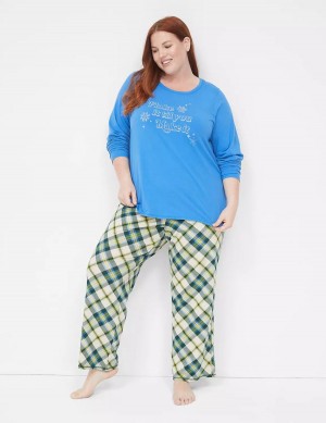 Πιζάμες γυναικεια Lane Bryant Comfy Cotton Shirt & Pant PJ Set μπλε Πολύχρωμο | JPR8448UB