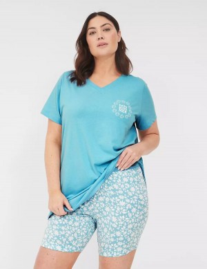 Πιζάμες γυναικεια Lane Bryant Comfy Cotton Tee & Bike Short PJ Set μπλε Πολύχρωμο | SDR256BB