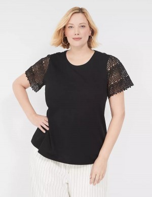 μπλουζακια γυναικεια Lane Bryant Crochet-Sleeve Crew-Neck Tee μαυρα | FHW4542RK