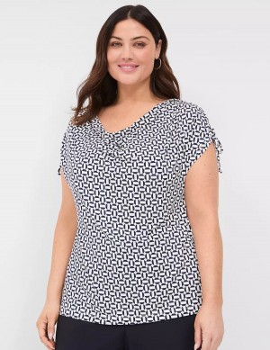 μπλουζακια γυναικεια Lane Bryant Drawcord Cap-Sleeve Drape-Neck Top σκουρο μπλε | IKT10011RP