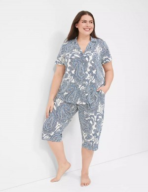 Πιζάμες γυναικεια Lane Bryant DreamyCool Short-Sleeve Shirt & Crop Pant PJ Set μπλε Πολύχρωμο | DOD822RY