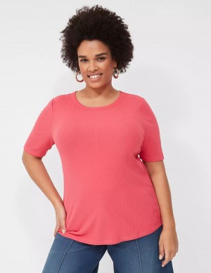 μπλουζακια γυναικεια Lane Bryant Elbow-Sleeve High Crew-Neck Rib Top ροζ | DVD3732DF