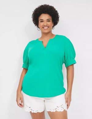 μπλουζακια γυναικεια Lane Bryant Elbow-Sleeve Split-Neck Top τυρκουάζ | VDR217ED