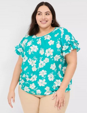 μπλουζακια γυναικεια Lane Bryant Flutter-Sleeve Crew-Neck Top τυρκουάζ | SFK4336MH