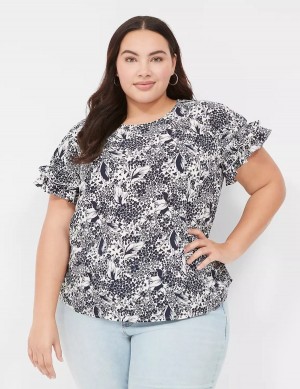 μπλουζακια γυναικεια Lane Bryant Flutter-Sleeve Crew-Neck Top σκουρο μπλε κρέμα | UWI3157XL