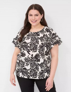 μπλουζακια γυναικεια Lane Bryant Flutter-Sleeve Crew-Neck Top μαυρα | TJG3842BK