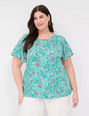 μπλουζακια γυναικεια Lane Bryant Flutter-Sleeve Smocked Top ανοιχτο τυρκουάζ | IFF9530IA