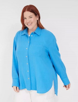 πουκαμισα γυναικεια Lane Bryant Gauze Button-Down Beach Top μπλε | UVO2274WU