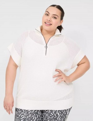 Πουλόβερ γυναικεια Lane Bryant LIVI Short-Sleeve Half-Zip Mesh ασπρα | MAH4338WN