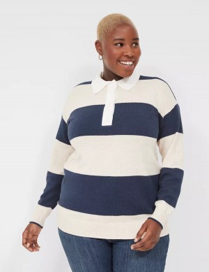 Πουλόβερ γυναικεια Lane Bryant Long-Sleeve Stripe Polo σκουρο μπλε | QTR879EH