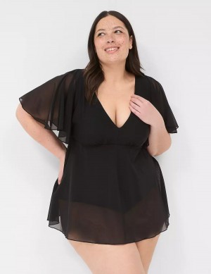 Φορεμα γυναικεια Lane Bryant No-Wire Flutter-Sleeve Swim μαυρα | VFY513VC