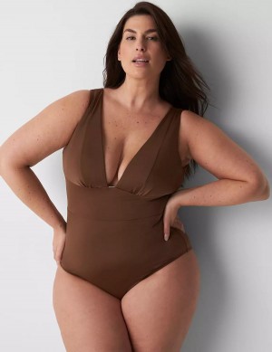 Μαγιό γυναικεια Lane Bryant No-Wire Plunge One-Piece σκούρο καφε | QTP796VB