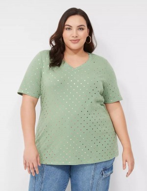 μπλουζακια γυναικεια Lane Bryant Perfect Sleeve V-Neck Tee πρασινο | EVM172PA