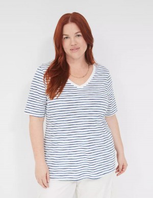 μπλουζακια γυναικεια Lane Bryant Perfect Sleeve V-Neck Tee ασπρα μπλε | XCQ2394JP