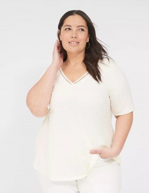 μπλουζακια γυναικεια Lane Bryant Perfect Sleeve V-Neck Trim-Detail Tee ασπρα | QQI3776XL