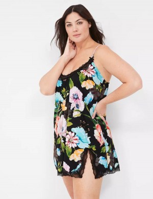 Φορεμα γυναικεια Lane Bryant Printed Lace-Trim Slip μαυρα | WLL7785SJ