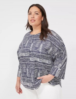 Μπλουζα γυναικεια Lane Bryant Relaxed Crew-Neck Popover Top σκουρο μπλε ασπρα | AKF3715JU