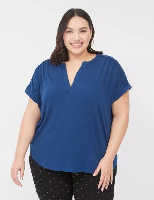 πουκαμισα γυναικεια Lane Bryant Relaxed Gauze Notch-Neck σκούρο μπλε | WLD2577YF