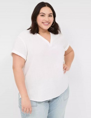 πουκαμισα γυναικεια Lane Bryant Relaxed Gauze V-Neck Popover ασπρα | EVU743LD