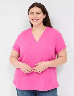 πουκαμισα γυναικεια Lane Bryant Relaxed Gauze V-Neck Popover φουξια | EUQ2241UH