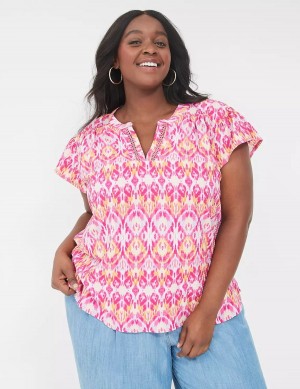 μπλουζακια γυναικεια Lane Bryant Relaxed Notch-Neck Woven & Knit Top ροζ | IXT2452HR