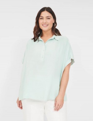 πουκαμισα γυναικεια Lane Bryant Relaxed Short-Sleeve Button-Front μπλε | QSY8069QL