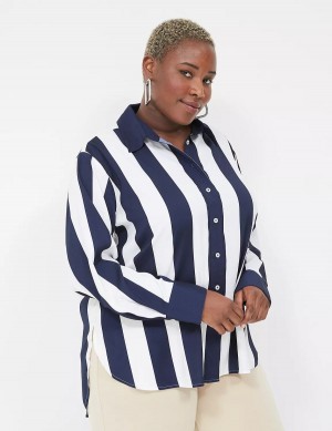 πουκαμισα γυναικεια Lane Bryant Satin Easy Collared Stripe Button-Down σκουρο μπλε ασπρα | YIV83100FV