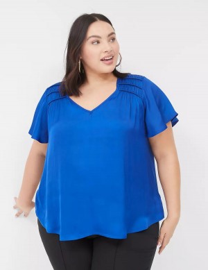 Μπλουζα γυναικεια Lane Bryant Satin Smocked-Shoulder μπλε | ADZ3575RV