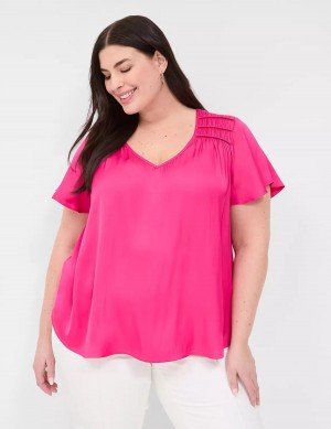 Μπλουζα γυναικεια Lane Bryant Satin Smocked-Shoulder ροζ | XFC8796UU