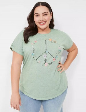 μπλουζακια γυναικεια Lane Bryant Scoop-Neck Peace Flowers Graphic Tee ανοιχτο πρασινο | QEX537II