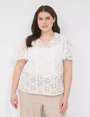 μπλουζακια γυναικεια Lane Bryant Sheer Flutter-Sleeve Eyelet Top ασπρα | MEN6686MK