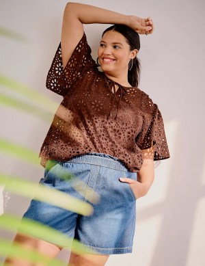 μπλουζακια γυναικεια Lane Bryant Sheer Flutter-Sleeve Eyelet Top καφε | FVK7178WZ