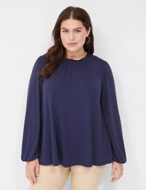 Μπλουζα γυναικεια Lane Bryant Swing Crew-Neck Smocked-Shoulder Top μπλε | YYV693LX