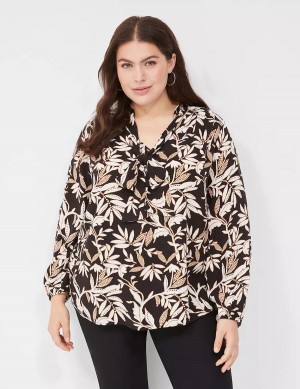 Μπλουζα γυναικεια Lane Bryant Tie-Neck Popover κρέμα καφε μαυρα | LTI722CY