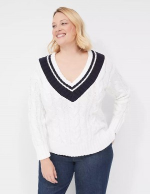 Πουλόβερ γυναικεια Lane Bryant V-Neck Cable Pullover ασπρα | XUP3630OQ