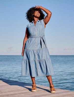 Μίντι Φόρεμα γυναικεια Lane Bryant Denim Tiered μπλε | AEB6288WH