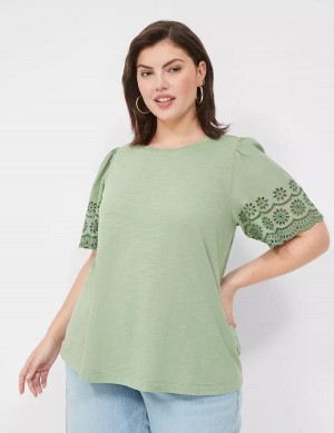 Μπλουζακια Αμανικα γυναικεια Lane Bryant Eyelet-Sleeve Crew-Neck Knit Tee ανοιχτο πρασινο | CBX5344JE