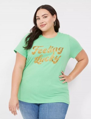 Μπλουζακια Αμανικα γυναικεια Lane Bryant Feeling Lucky Graphic Tee ανοιχτο πρασινο | VWM8229YT