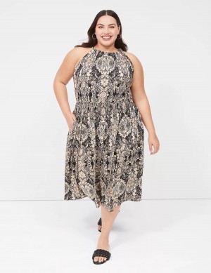 Μίντι Φόρεμα γυναικεια Lane Bryant Halter-Neck Smocked-Waist Jersey μαυρα Πολύχρωμο | SVT624FQ