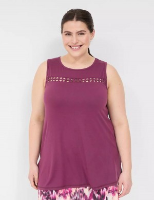 Μπλουζακια Αμανικα γυναικεια Lane Bryant LIVI Crew-Neck Macrame σκούρο μωβ | GSW8211IX