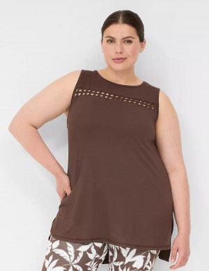 Μπλουζακια Αμανικα γυναικεια Lane Bryant LIVI Crew-Neck Macrame σκούρο καφε | BTB6731HS