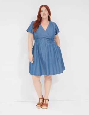 καθημερινο φορεμα γυναικεια Lane Bryant Lena Denim Surplice-Neck Level-Hem μπλε | UOB6549FV