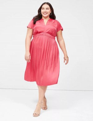 Μίντι Φόρεμα γυναικεια Lane Bryant Satin Flutter-Sleeve Ruffle V-Neck ροζ | QTB3470GO