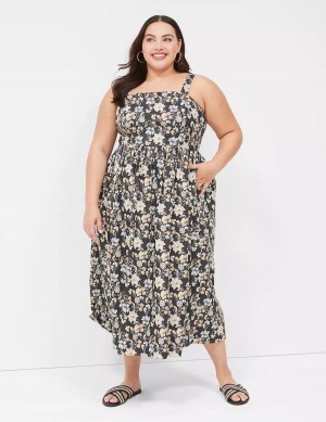 Μίντι Φόρεμα γυναικεια Lane Bryant Smocked-Back Pleated κίτρινα μαυρα | EBY7144ZL