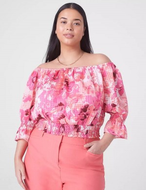 Μπλουζακια Αμανικα γυναικεια Lane Bryant κλασικα Crop Off-The-Shoulder Chiffon Top ροζ | BCP465DF