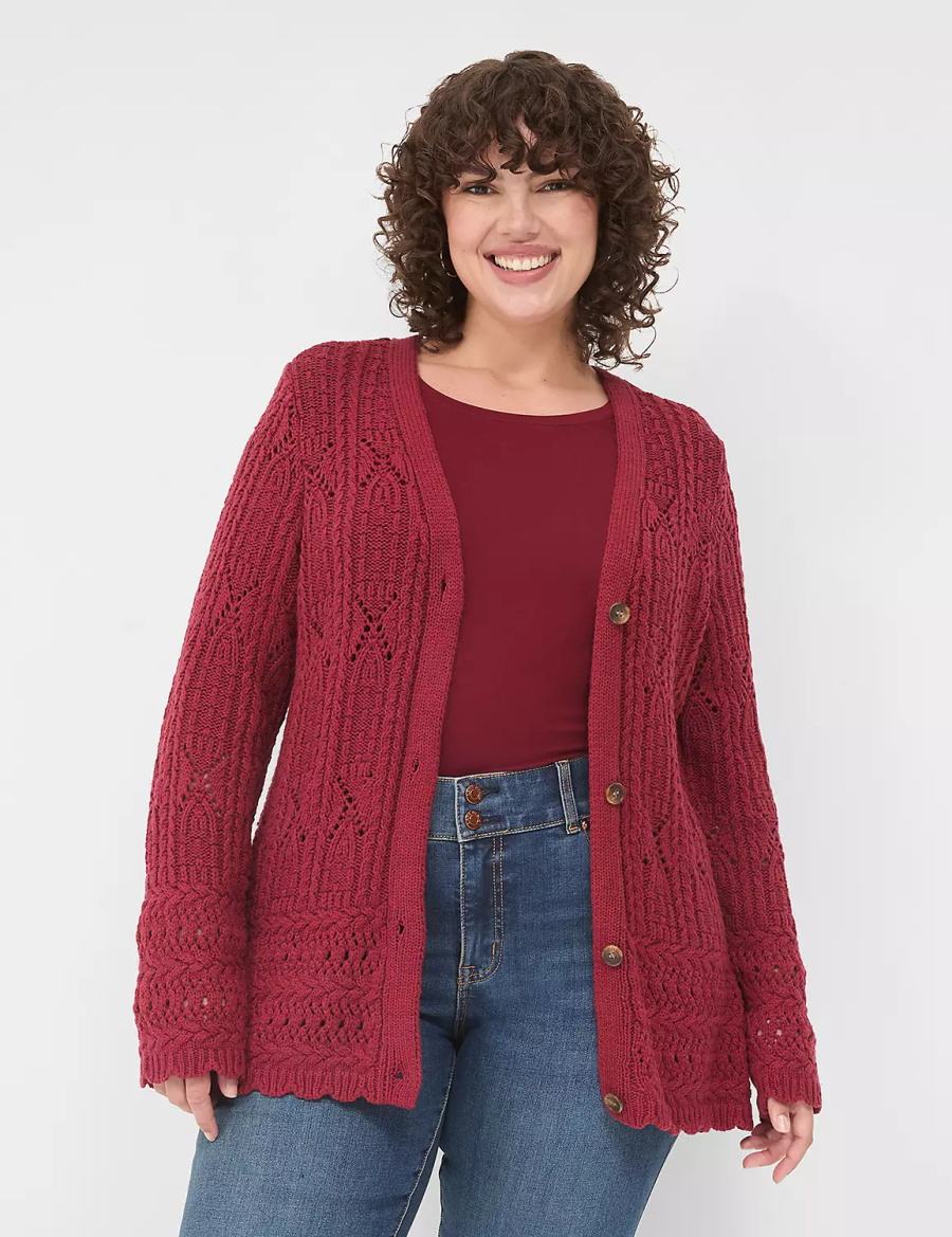 Cardigan γυναικεια Lane Bryant Button-Front Pointelle βαθυ κοκκινα | NRG3512TN